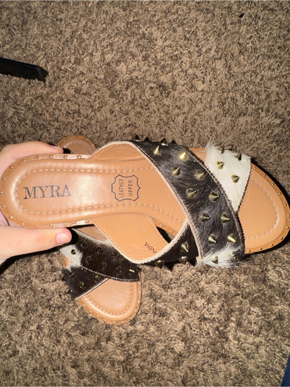 Myra Bag Black and White Studded Haircalf Slide Sandals